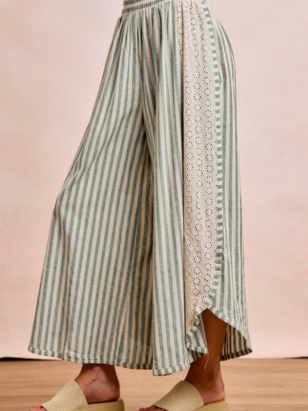 BiBi Cream & Sage striped palazzo Pants with side lace detail - Picture 2 of 5